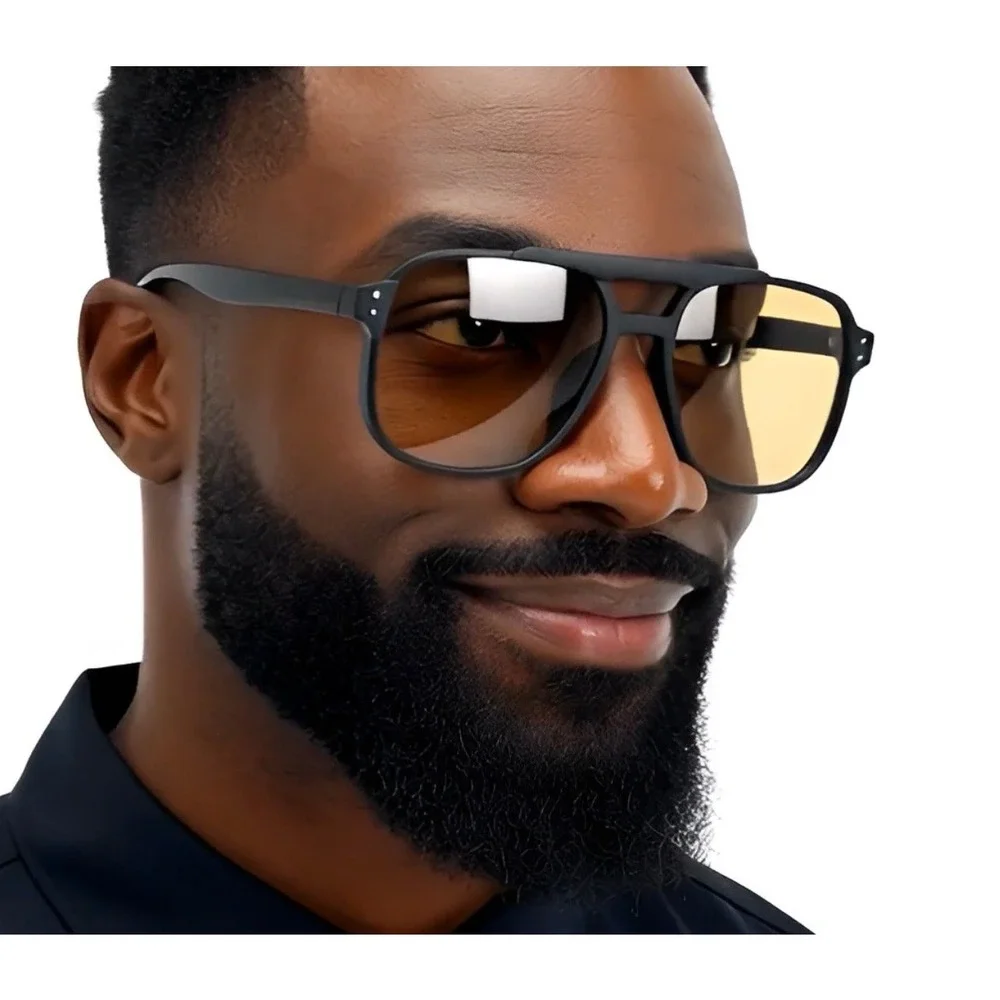 Mens Black Square‎ Aviator Sunglasses Champagne Tinted Lens Double Bridge UV400